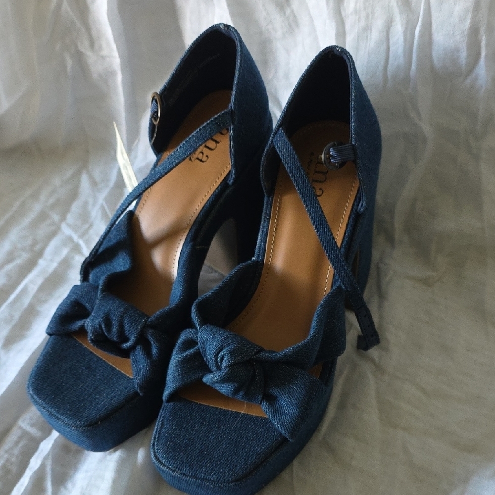 (J36) A.N.A. Blue Denium Wedge Heel Shoes with Textured Design - Picture 3 of 10